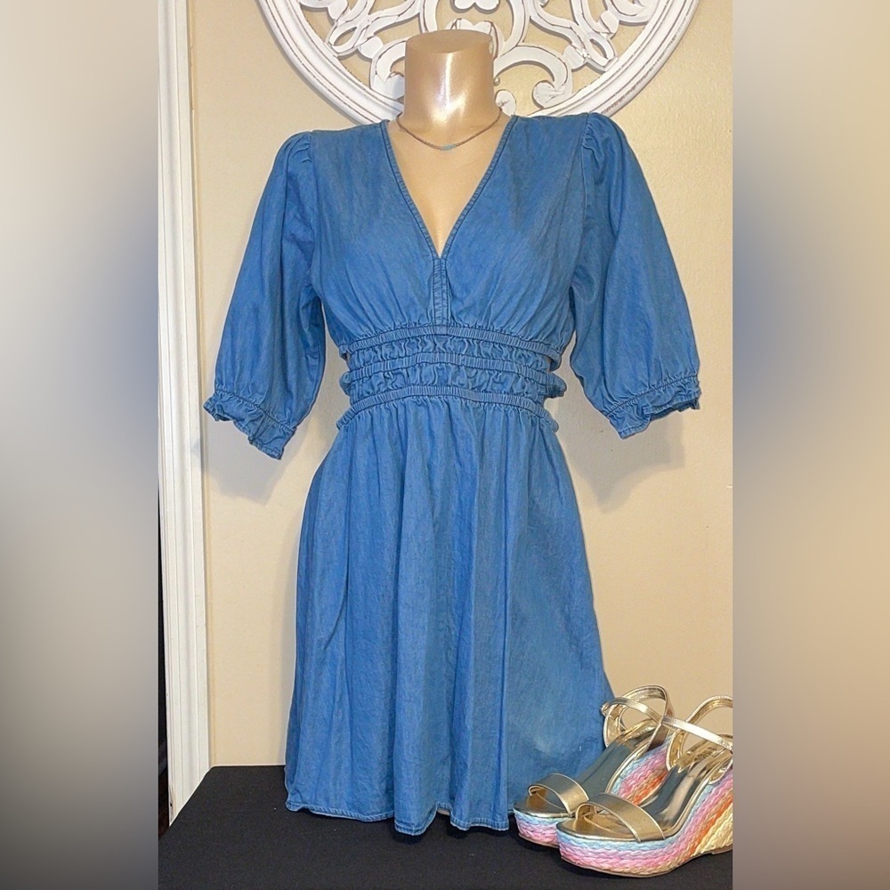 Speed limit women large 12 14 dress mini Blue Denim Jean cut out sides fit flare